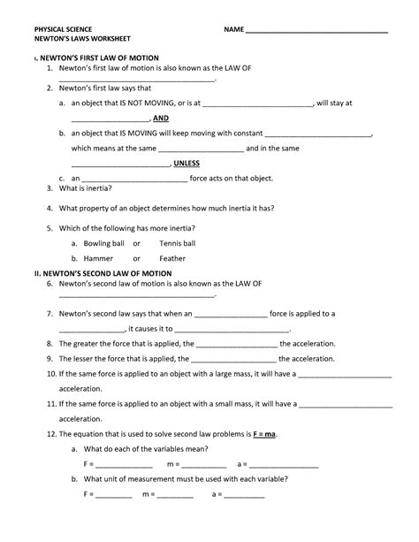 physical science newton's laws worksheet answers